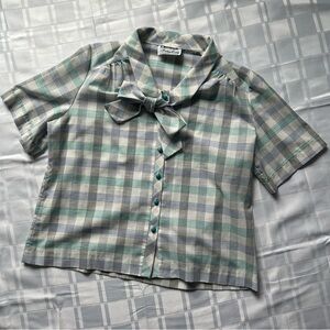 Decorum by Irving Korny Vintage Checker Lightweight Short Sleeve PussyBow Blouse